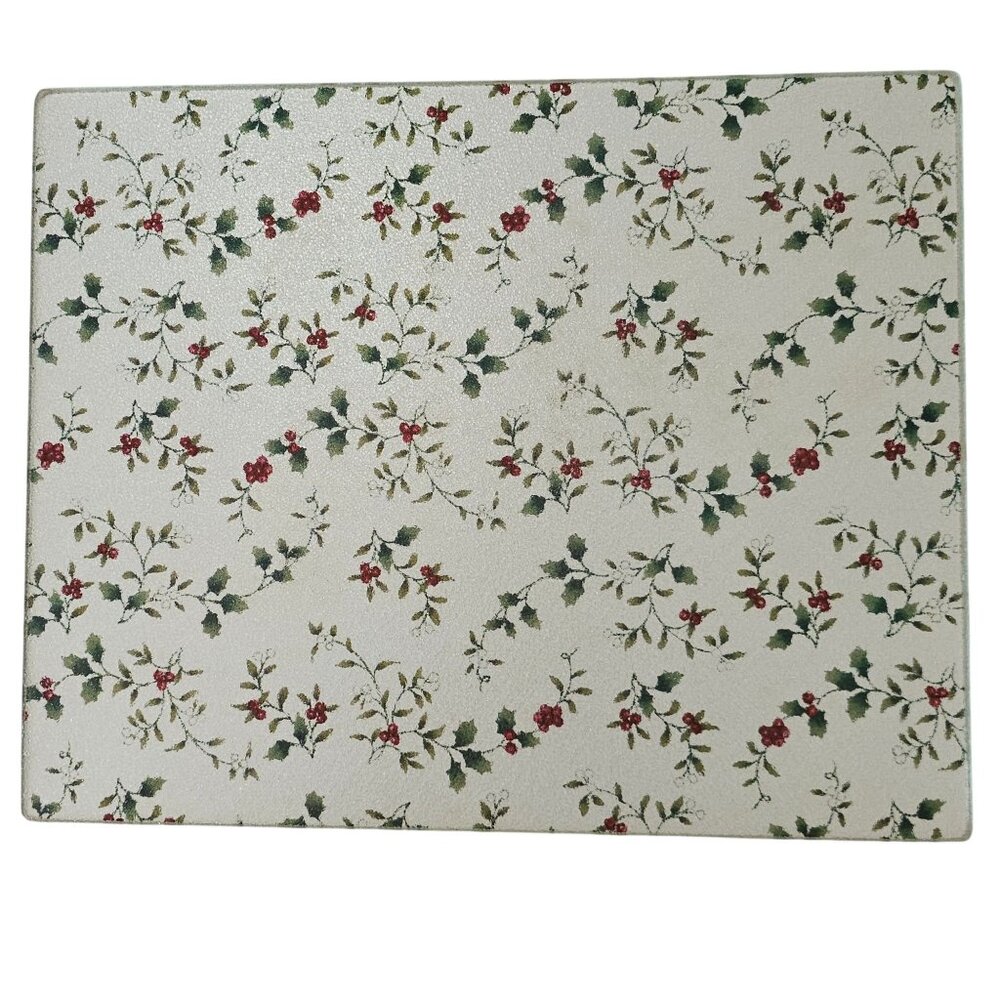 Winterberry Cutting Board Charcuterie tempered glass holly berry chintz vtg